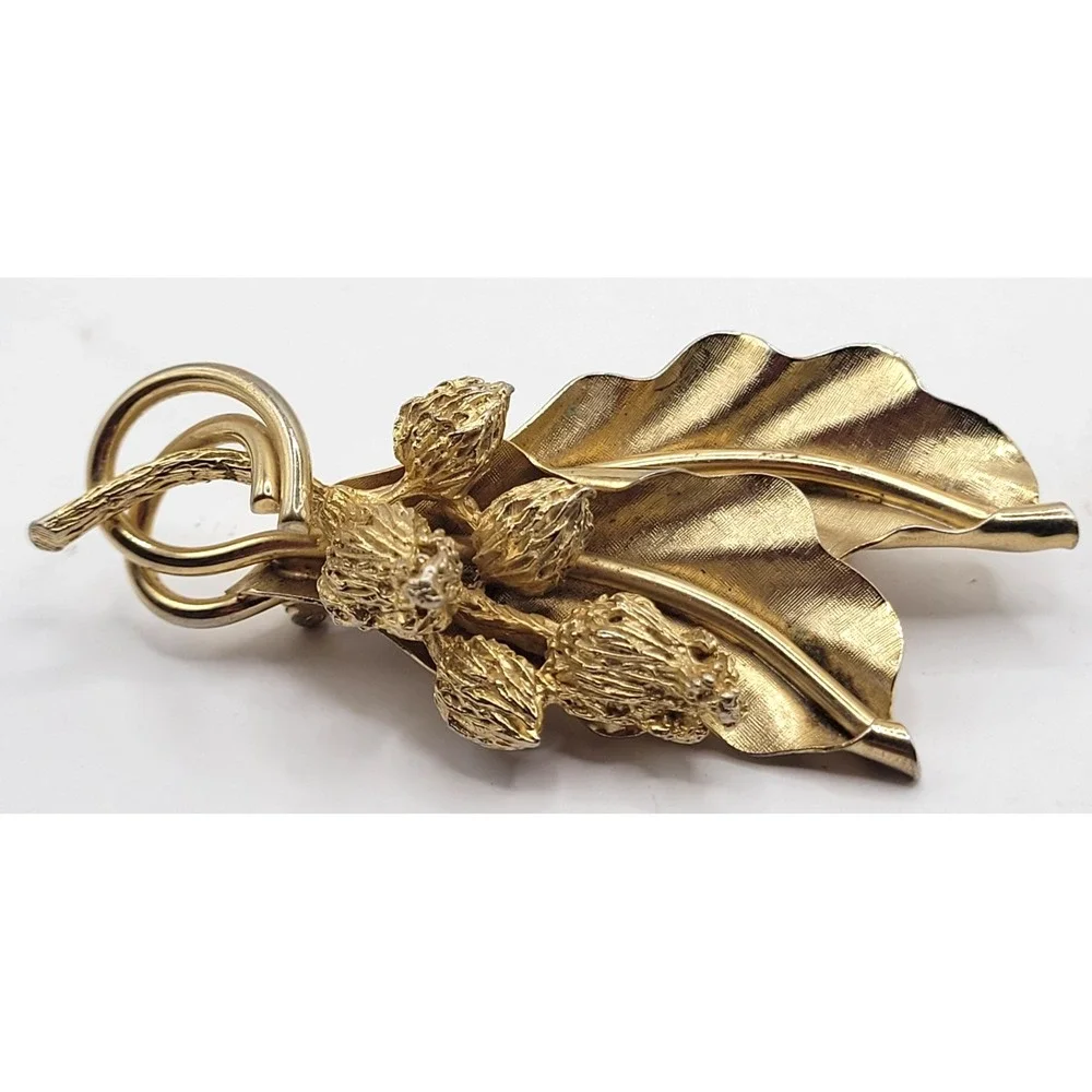 Vintage Gold Tone Brooch Lot Floral & Leaf Berry Design Elegant Textured Metal